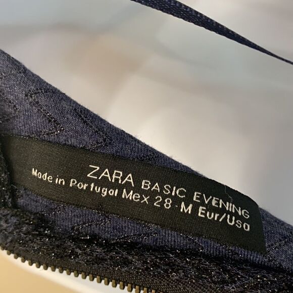 Zara Basic Evening Medium Navy Blue Metallic Shimmer Racerback Zipper Sexy Top - Picture 6 of 7